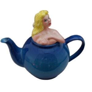 Vintage Paul Cardew England Blue Ceramic Teapot with Figurine Lid